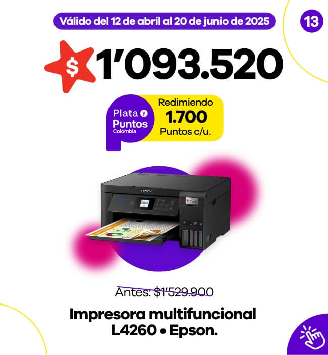Multifuncional EPSON L4260 por $1.093.520 redimiendo 1,700 Puntos Colombia. Precio normal: $1.529.900.
